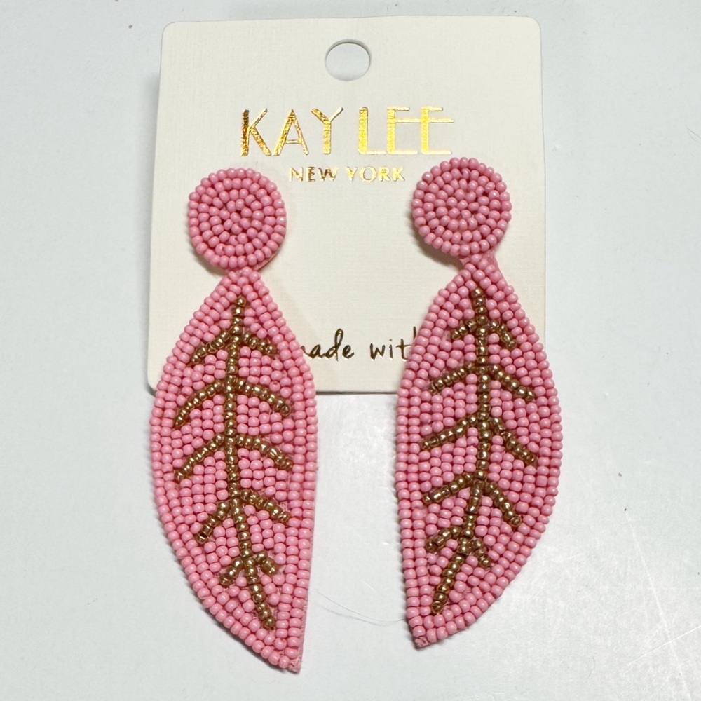 Kay Lee New York | Handmade Pink Beaded Leaf Earrings -Boho Tropical Vacay | NWT